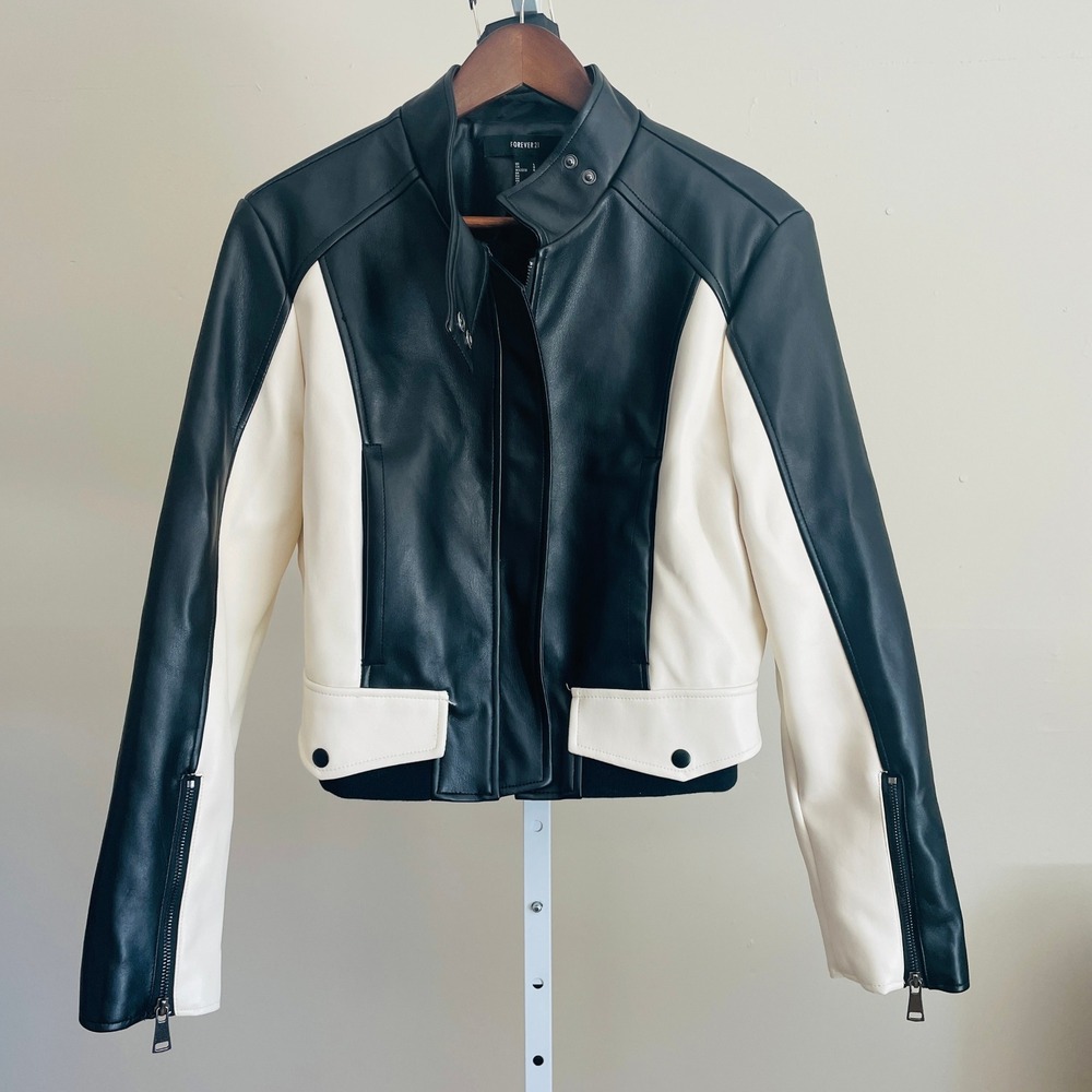 Forever 21 Womens Y2K Grunge Streetwear Faux Leather Moto Racing Jacket L Biker
